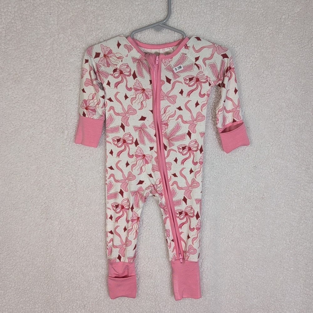 White Pink And Speckled Bow 0-3‎ Month Double Zipper Sleeper